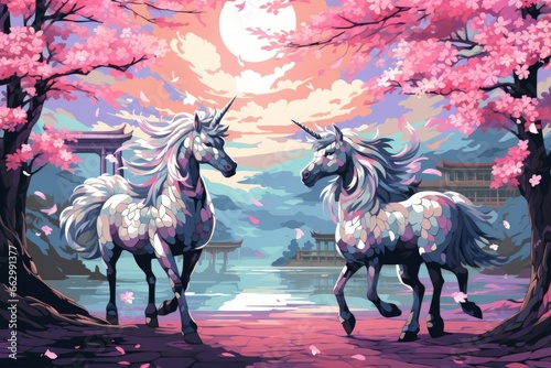 Majestic unicorns with shimmering silver horns - Generative AI