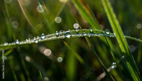 Fresh dew drops on green grass, a close up of nature beauty generated by AI