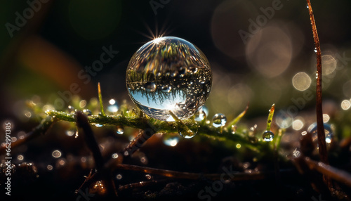 Fresh green leaf with dew drop, wet sphere reflects nature beauty generated by AI