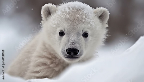 Fluffy bear walking in snow, looking at camera generated by AI © djvstock