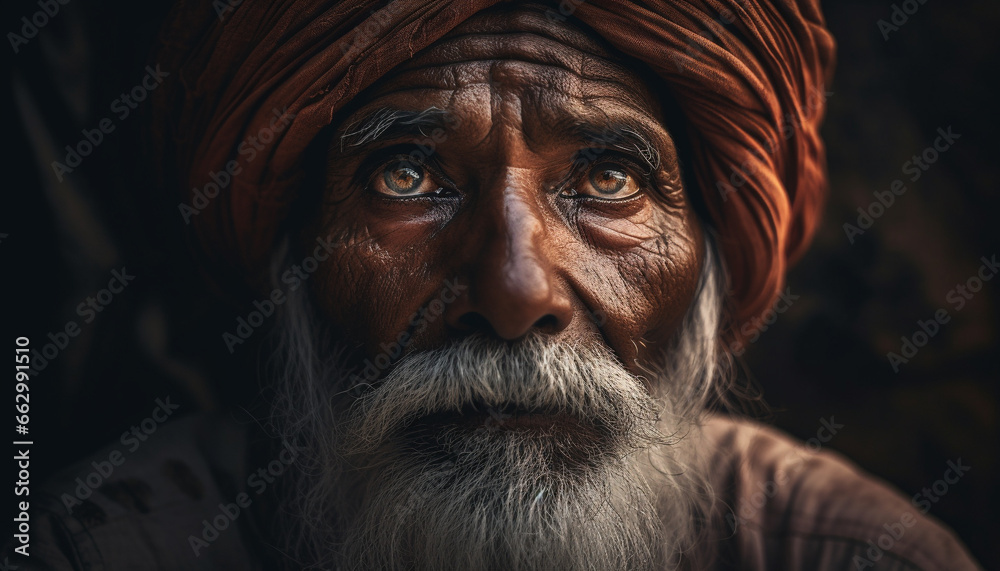 Senior Indian man with turban and beard looking at camera generated by AI