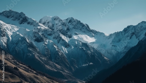 Panoramic mountain range, majestic peak, tranquil scene, frozen adventure generated by AI
