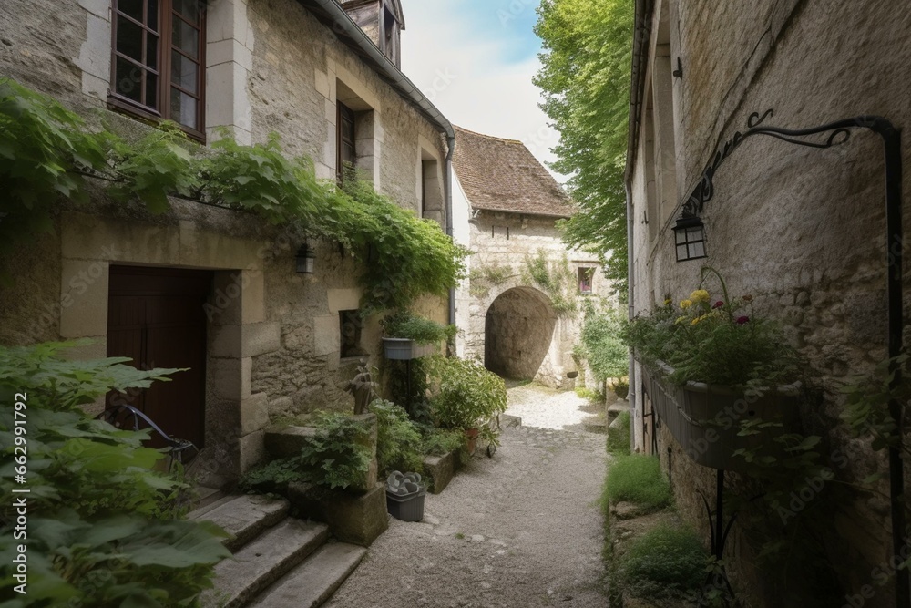 Charming medieval village with historic buildings and a scenic countryside. Generative AI