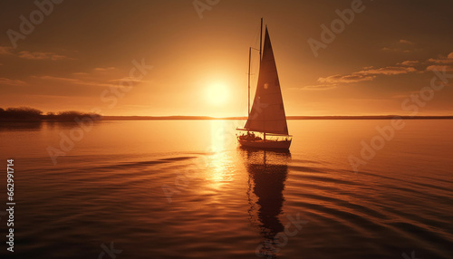 Sailboat silhouette, sunset reflection, tranquil nautical adventure, horizon over water generated by AI