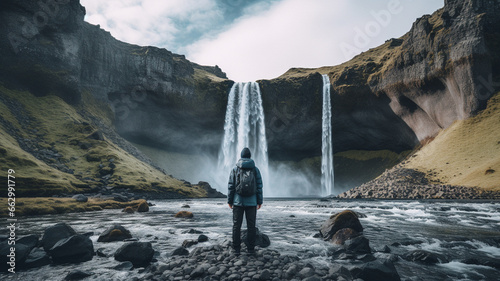 man in front of a waterfall