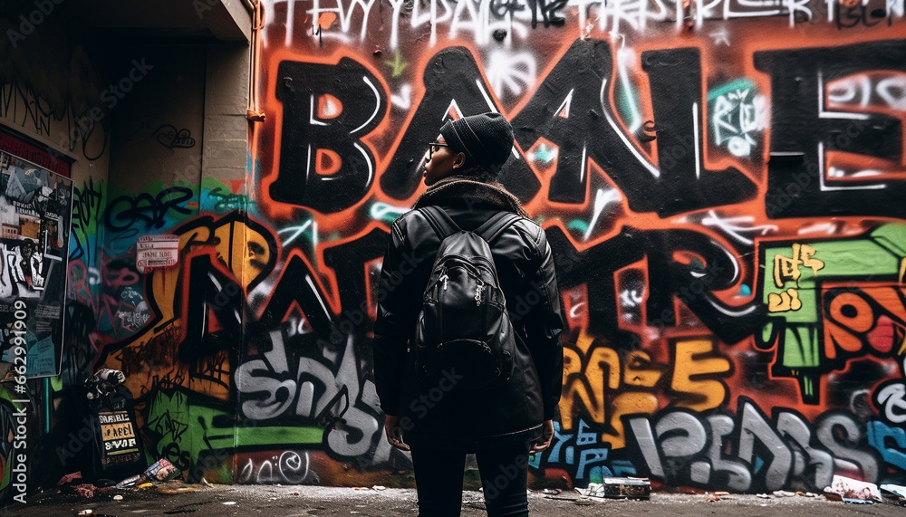 Obraz premium One person walking in the dirty city, spraying graffiti generated by AI