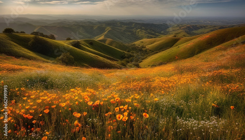 Vibrant wildflowers bloom in idyllic meadow at sunset over mountains generated by AI