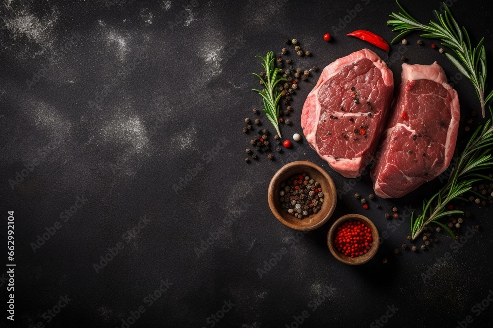 Raw aged beef steaks on dark background. Overhead view. Generative AI