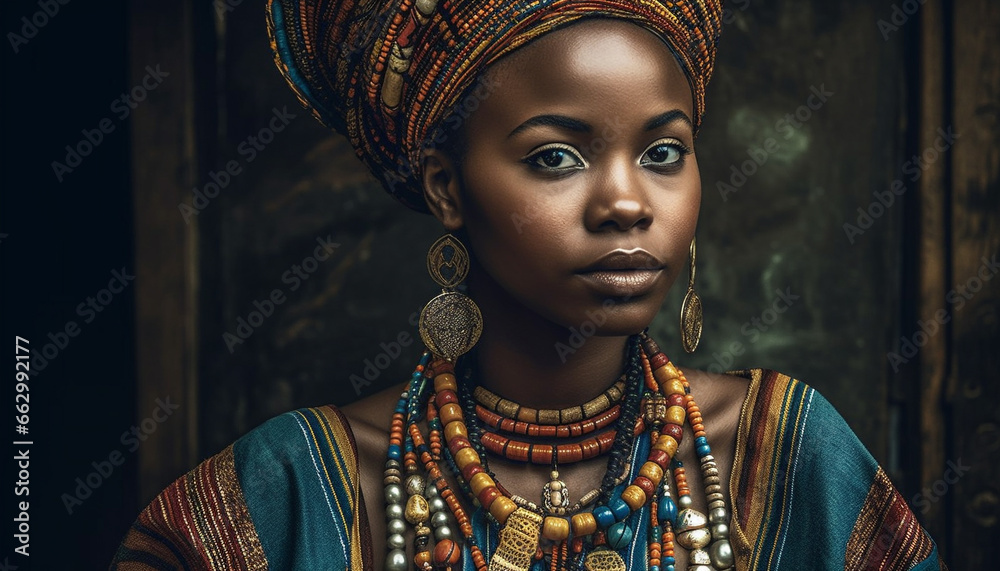 Young African woman in traditional clothing exudes elegance and confidence generated by AI