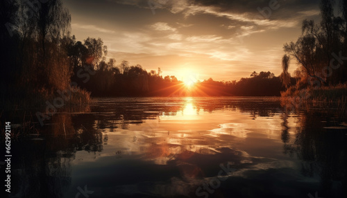 Tranquil scene of nature beauty in sunset reflection over water generated by AI