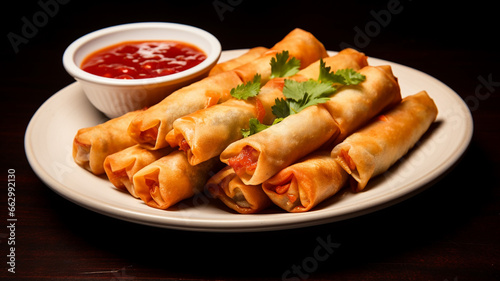 rolls of meat and cheese with herbs on a black plate. a dish of rolls, cheese and sour cream with sour sauce
