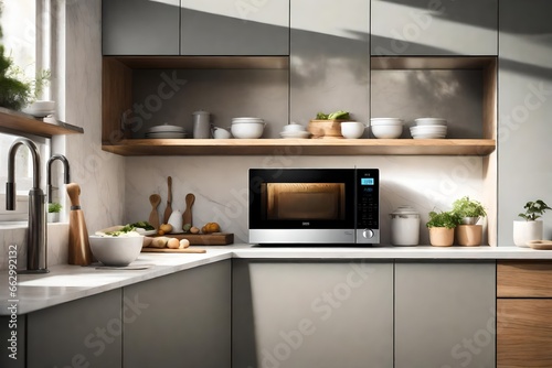 A smart microwave oven in a kitchen filled with natural light. photo