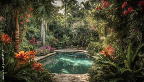 Tropical landscape with palm trees, flowers, and swimming pool generated by AI