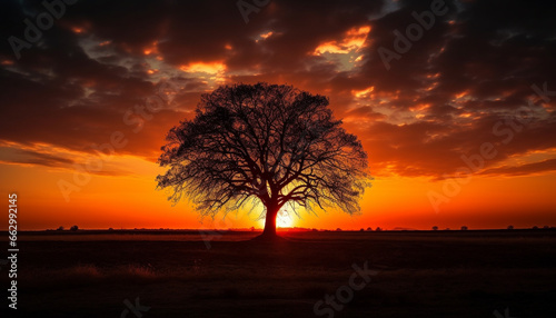Silhouette tree backlit by vibrant sunset over tranquil rural landscape generated by AI