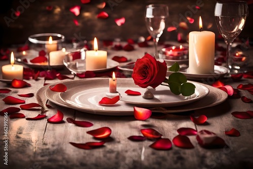 a romantic table setting for two with candles and rose petals.
