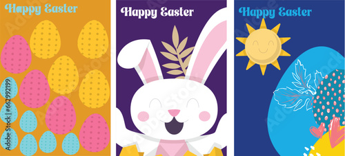 Happy Easter banner. Trendy Easter design with typography, hand painted strokes and dots, eggs, bunny ears, in pastel colors. Modern minimal style. Horizontal poster, greeting card, header for website