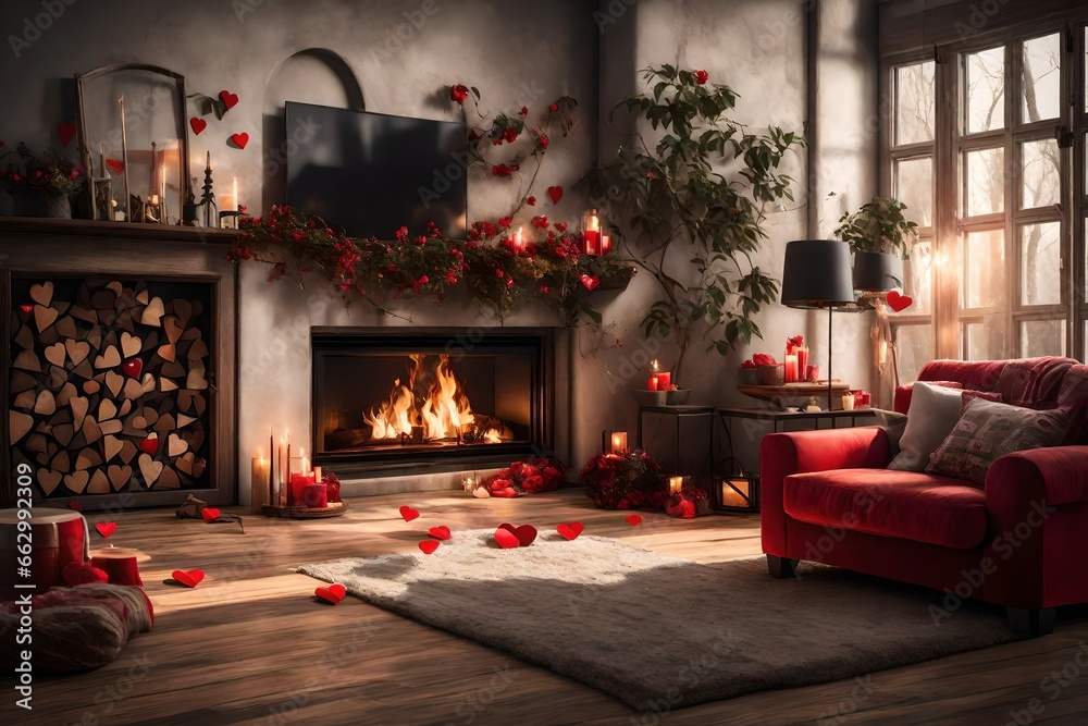 a cozy fireplace with Valentine's Day-themed decor.