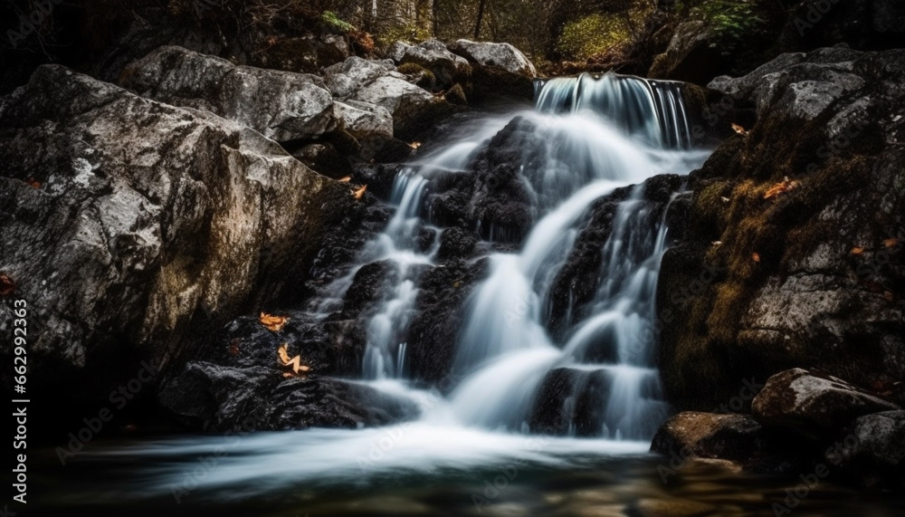 Fototapeta premium Smooth flowing water cascades down the rocky mountain ravine generated by AI