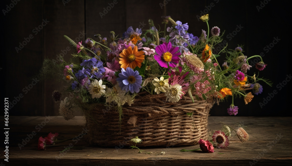 Fresh bouquet of multi colored daisies in rustic wicker basket generated by AI