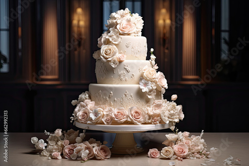 tiered wedding cake with white and soft peach color rose decoration