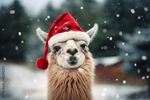 A portrait of a festive llama wearing a Christmas santa hat © ink drop