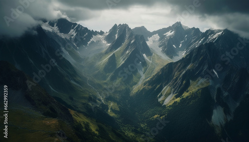 Majestic mountain range  high up in the sky  tranquil scene generated by AI