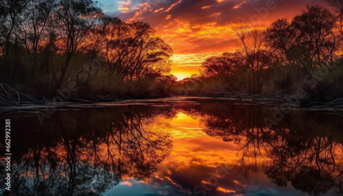 Tranquil sunset reflection on water, nature beauty in panoramic landscape generated by AI