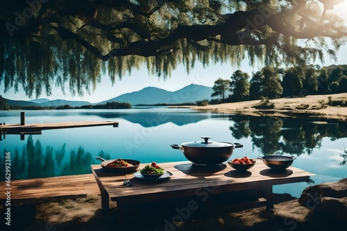 An innovative induction cooktop with a backdrop of a serene lake.