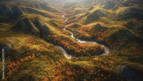 Vibrant autumn landscape: yellow leaves, green trees, and mountain peaks generated by AI