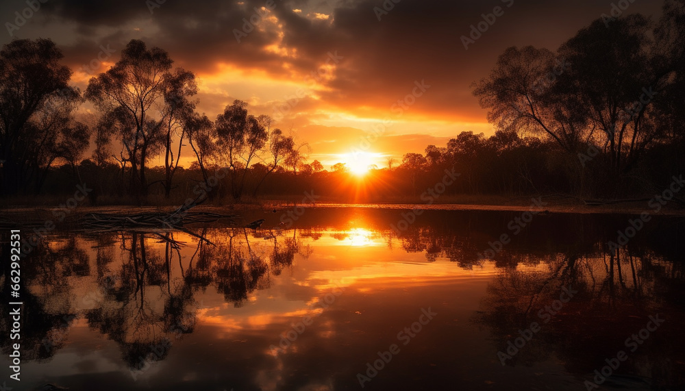 Tranquil sunset reflection on water, nature beauty in silhouette generated by AI