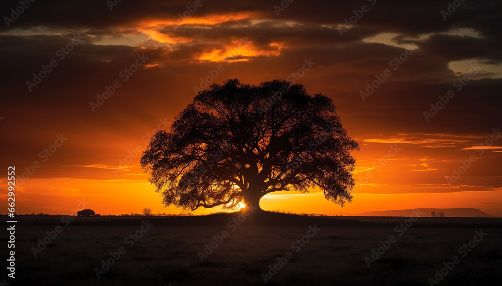 Tranquil sunset silhouette, nature beauty in orange and yellow sky generated by AI