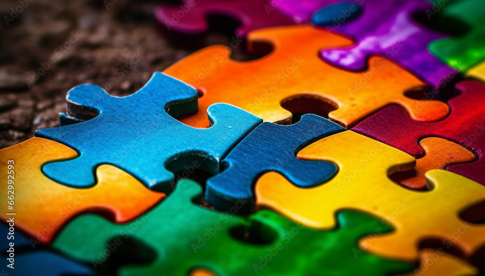Vibrant colored jigsaw pieces interlocked in successful puzzle solution generated by AI Vibrant colored jigsaw pieces interlocked in successful puzzle solution generated by AI