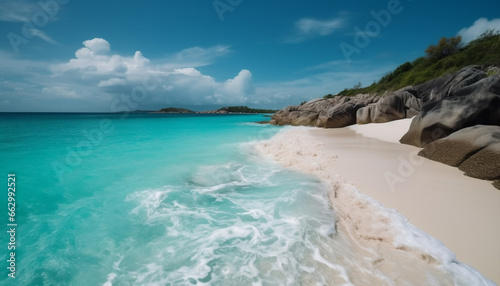 A tranquil scene of turquoise waters edge on a tropical coastline generated by AI