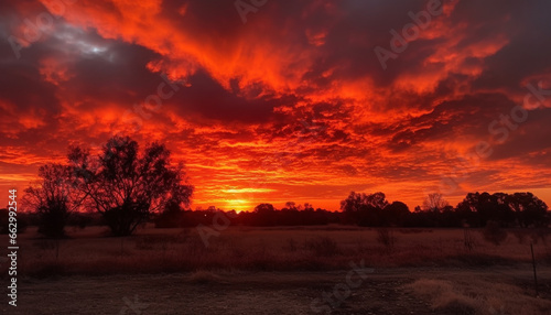 Tranquil sunset over African savannah, backlit acacia tree silhouette generated by AI