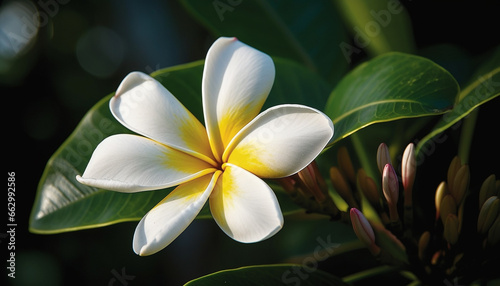 Exotic frangipani blossom symbolizes beauty in nature tropical climate generated by AI