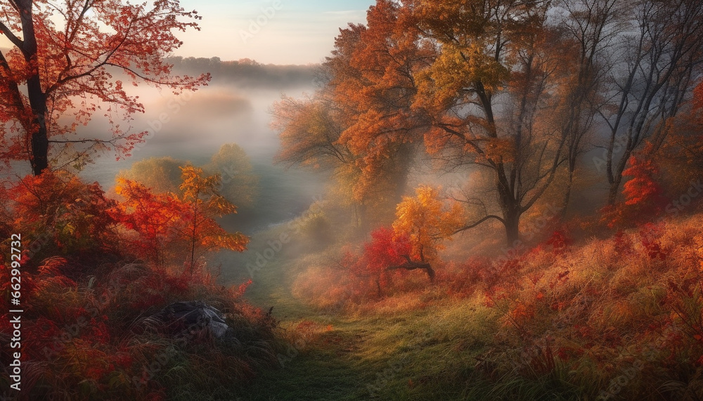 Vibrant autumn landscape, foggy forest, mysterious beauty in nature generated by AI