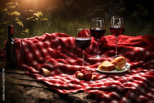 a romantic picnic with a red checkered blanket and wine. photo