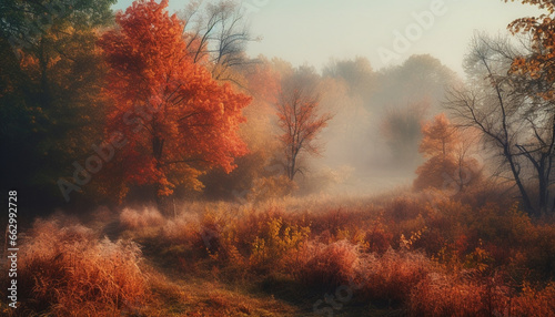 Tranquil autumn forest, mysterious fog, vibrant multi colored landscape beauty generated by AI © Stockgiu