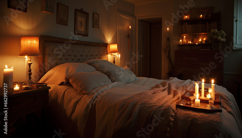 Luxury hotel room with modern decor, cozy bedding, and candlelight generated by AI