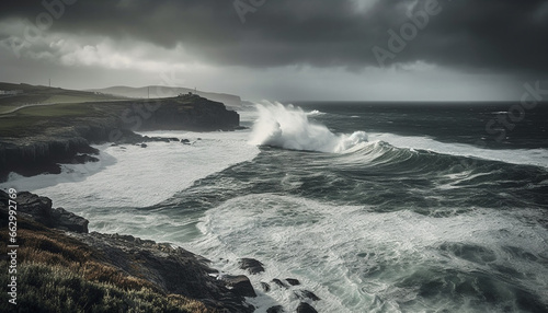 Dramatic sky over majestic coastline, waves crashing in awe inspiring beauty generated by AI