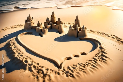 a heart-shaped sandcastle on a sunny beach.