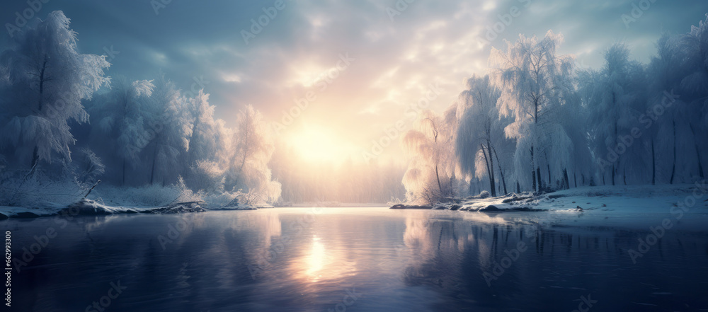 Cold season outdoors landscape, a lake surrounded by frost trees in a forest covered with ice and snow at sunrise - Winter seasonal background - obrazy, fototapety, plakaty 