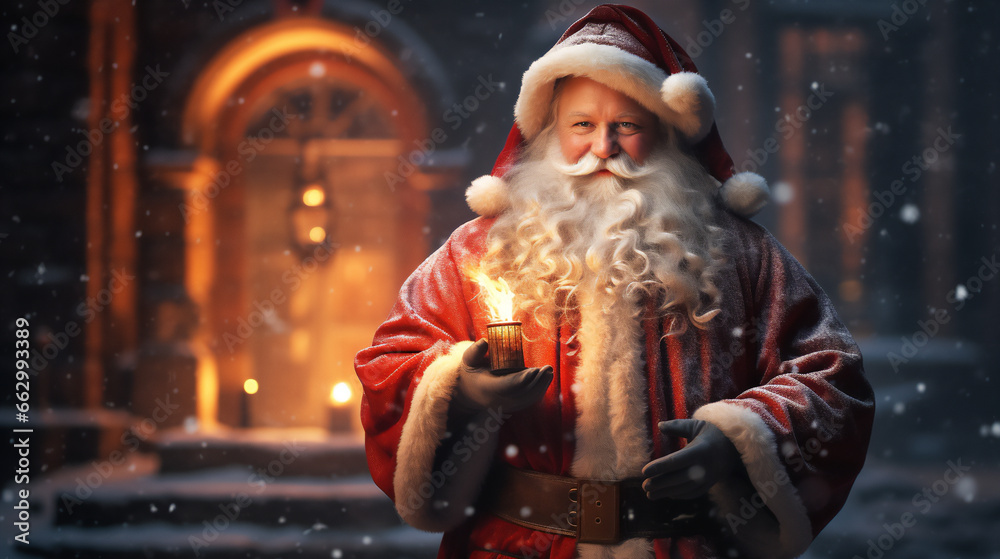 Santa Claus in a snowy Christmas and Festive environment. Merry Christmas and Happy New Year . Ai generative.