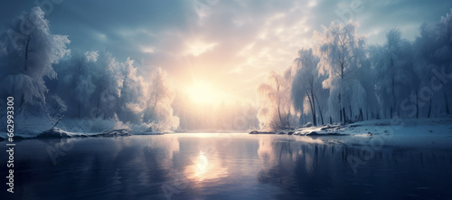 Cold season outdoors landscape, a lake surrounded by frost trees in a forest covered with ice and snow at sunrise - Winter seasonal background