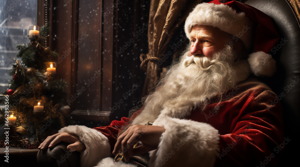 Santa Claus in a cosy Christmas and Festive environment. Merry Christmas and Happy New Year . Ai generative.