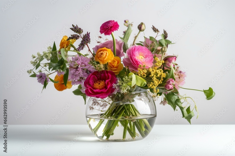A lovely arrangement of flowers in a vase over a plain white backdrop. Generative AI
