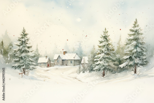 watercolour illustration of a colorful snowy christmas forest snow December cottage core in a painted textured style with little houses trees for cards/journal/stationary design hand drawn look