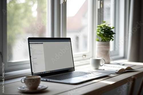 Wallpaper Mural Laptop on table window background. Generative AI Torontodigital.ca