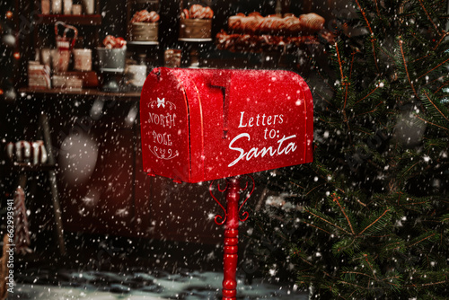 A red vintage Christmas post box for letters to Santa Claus outside on a snowy day photo