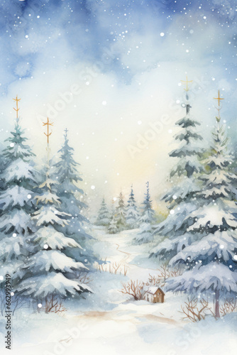 watercolour illustration of a colorful snowy christmas forest snow December cottage core in a painted textured style with pine trees for cards/journal/stationary design hand drawn look © MaryAnn